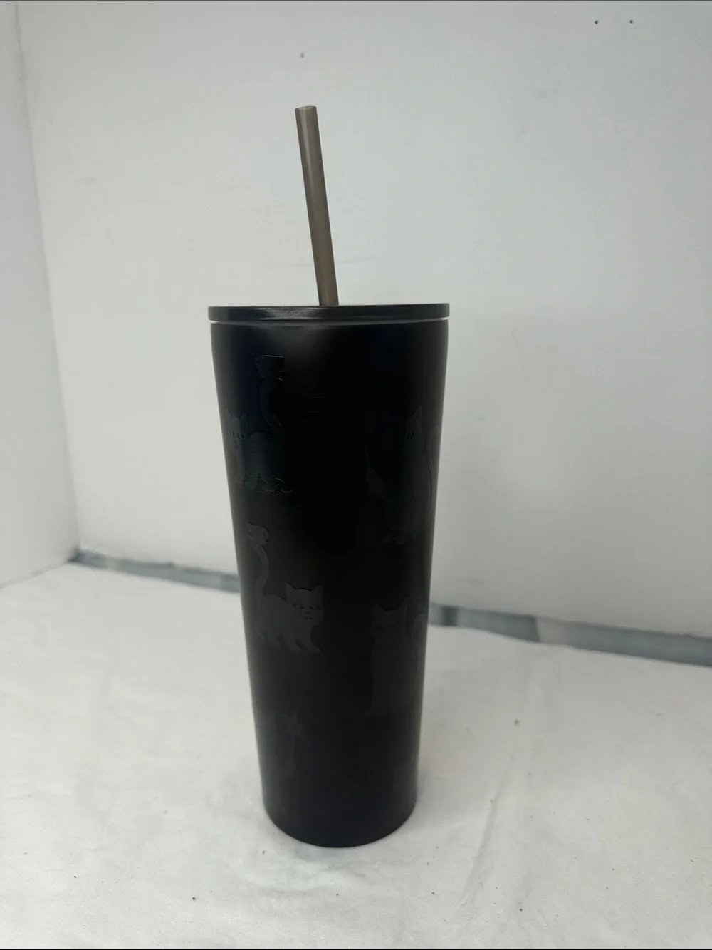 STARBUCKS GLOW IN THE Matte Black CaT Pattern Stainless Steel Tumbler with Straw